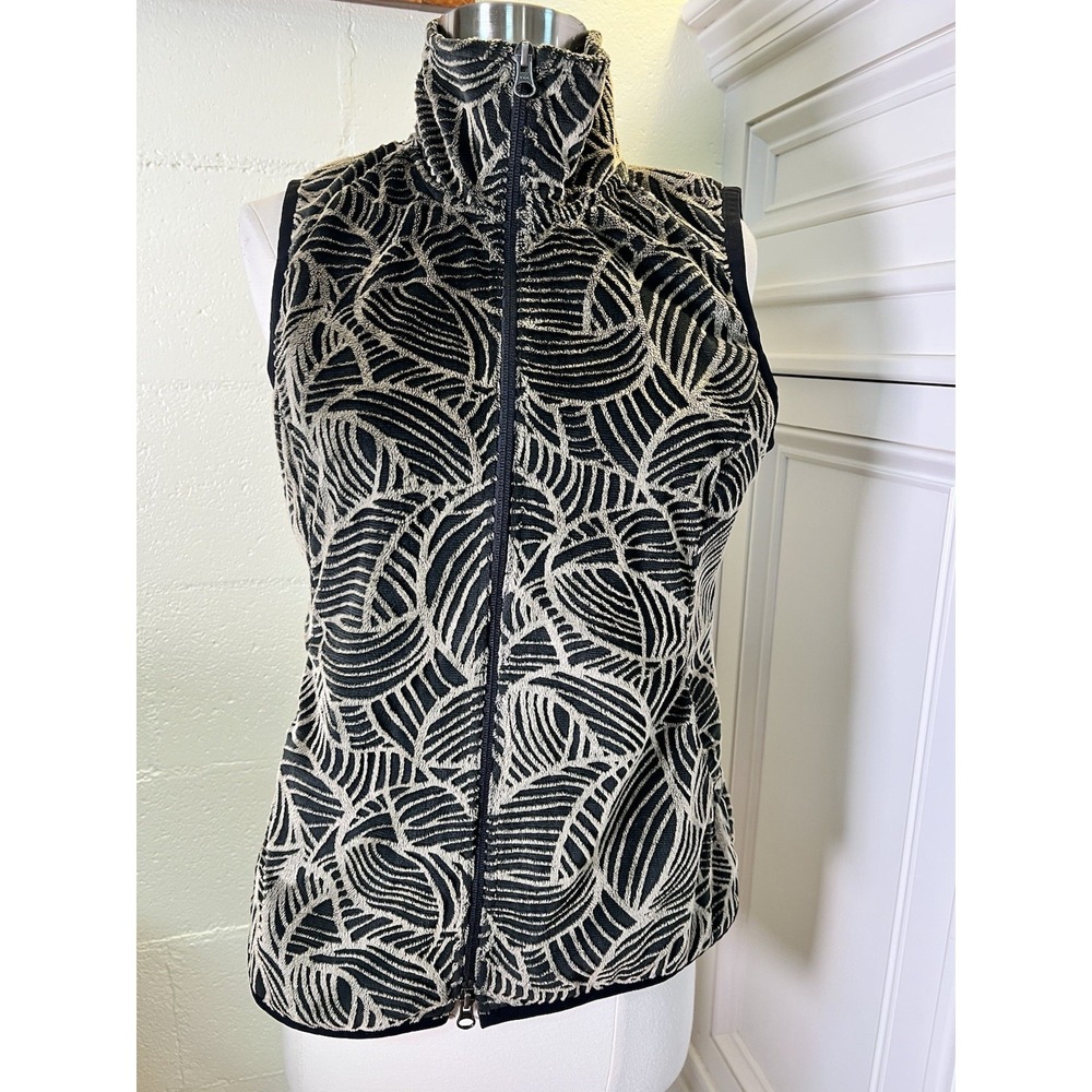 Royal Robbins Faux Fur Vest Women's Medium‎ Black Cream Leaf Pattern